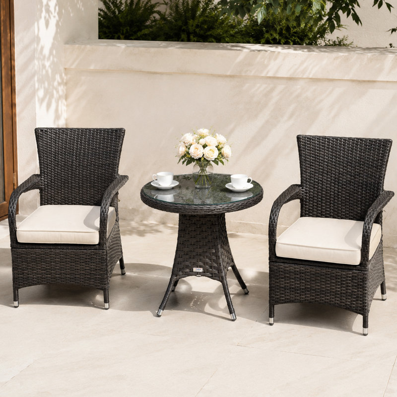 Ensemble de salle à manger pour 2 personnes en osier avec table ronde, coussins inclus, Beige, Brun