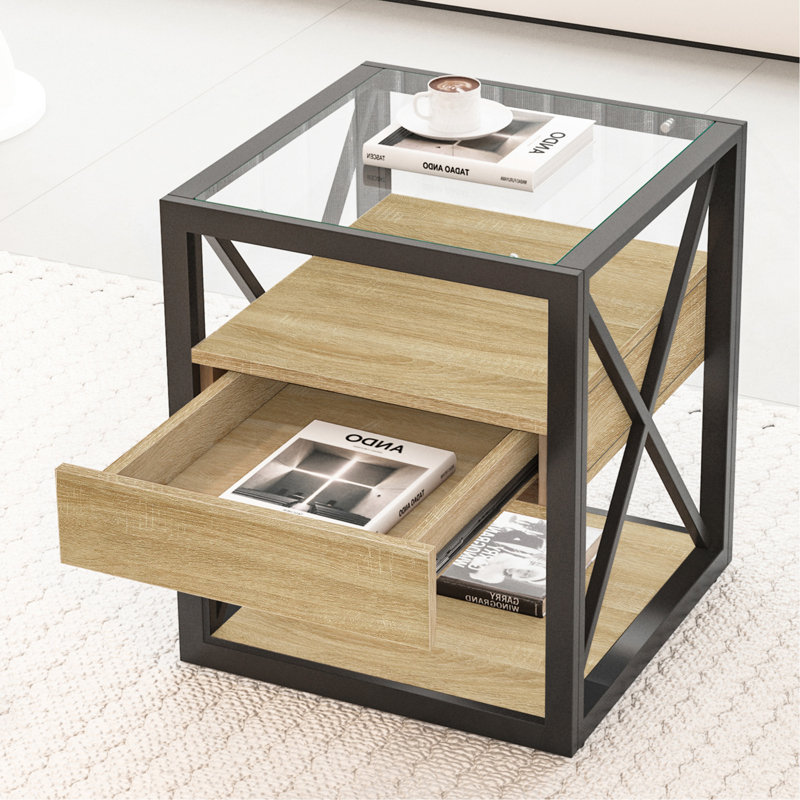 Modern Industrial End Table Nightstand with Drawer, Natural Wood Finish & Tempered Glass Top, Side Table for Bedroom & Living Room