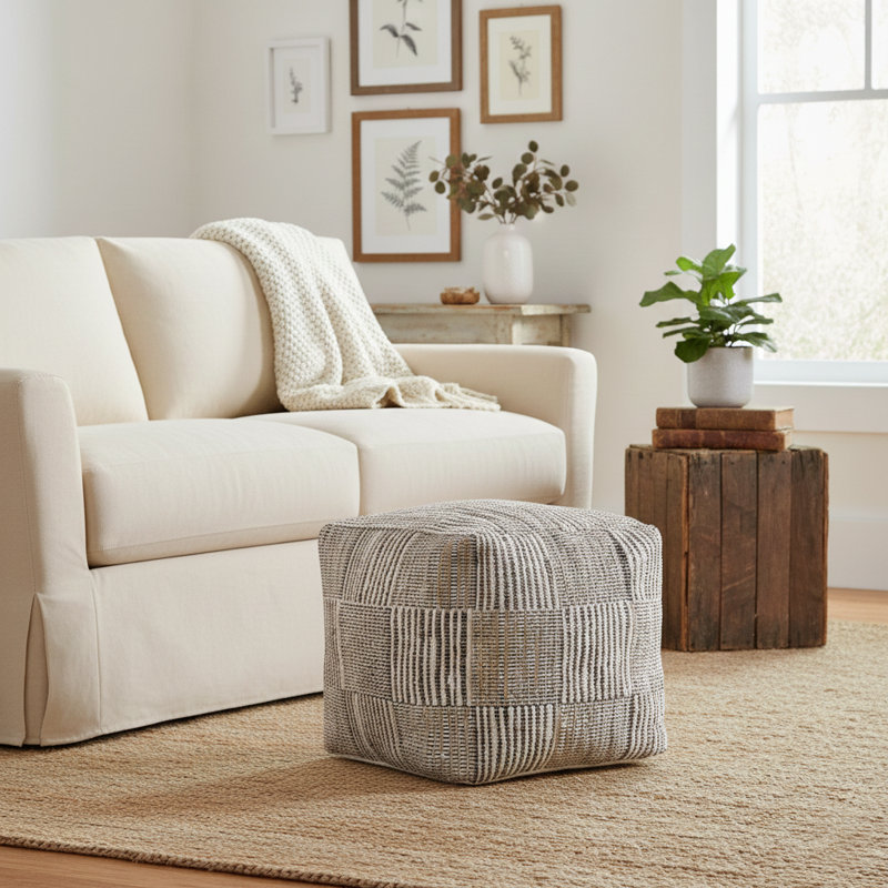 Andros Modern Farmhouse Handmade Cotton/Jute Square Ottoman Pouf, Brown Geometric