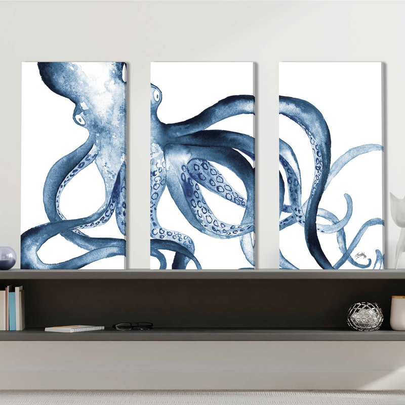 Octopus In The Blues - 3 Piece Wrapped Canvas Painting, 48" H x 36" W x 0.75" D