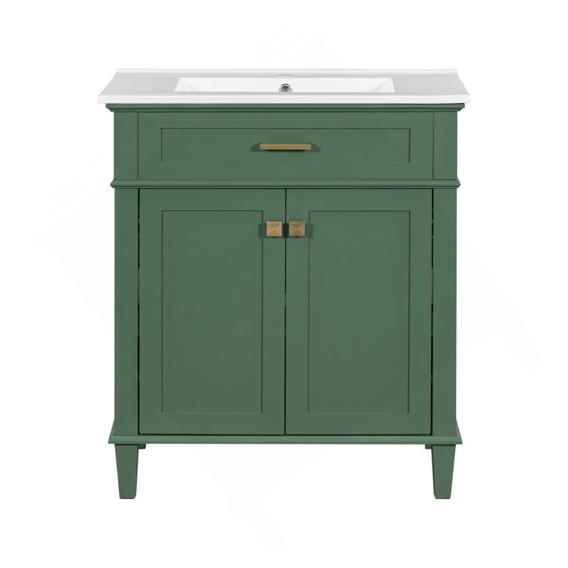 Meuble-lavabo de 30 pouces avec lavabo en céramique, porte à fermeture en douceur et tablettes réglables, Vert