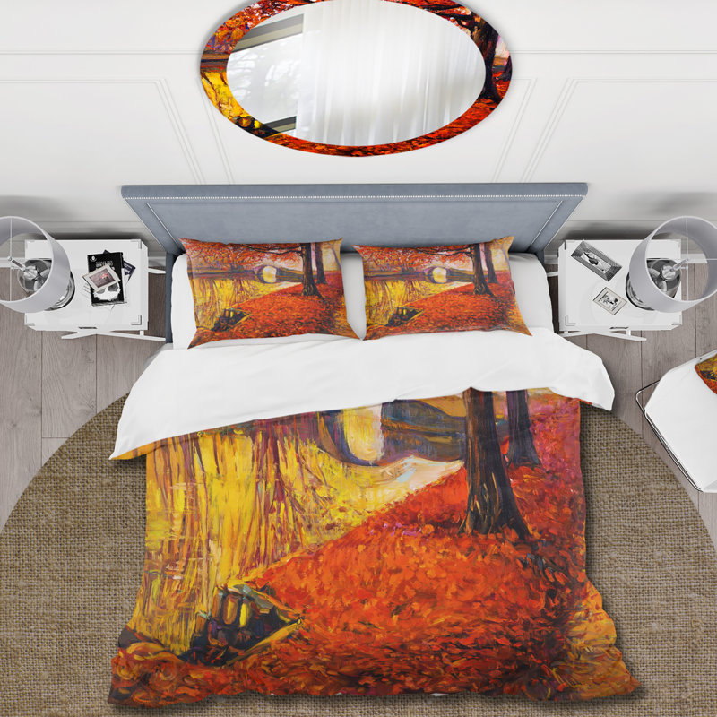 «Little Bridge In Orange Autumn Landscape I», ensemble de housse de couette traditionnel - microfibre de polyester
