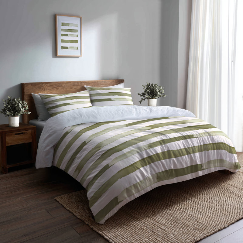Ensemble d'édredon rayé 6 pièces - Ensemble de literie et coussin décoratif vert campagne et vert olive