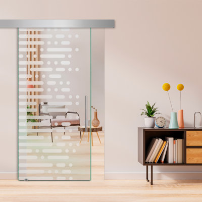 Porte de grange coulissante en verre sans cadre avec design moderne givré + ensemble de quincaillerie (non privé)