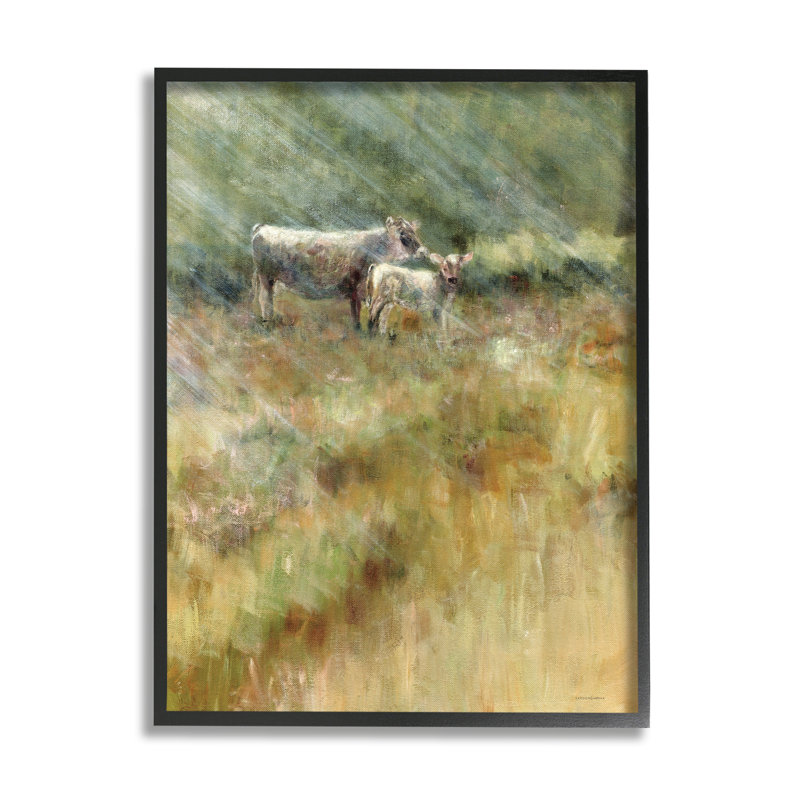 Sunlit bovins qui broute par Kamdon Kreations - peinture à cadre flottant sur bois, H 14 po x l 11 po x P 1,5 po
