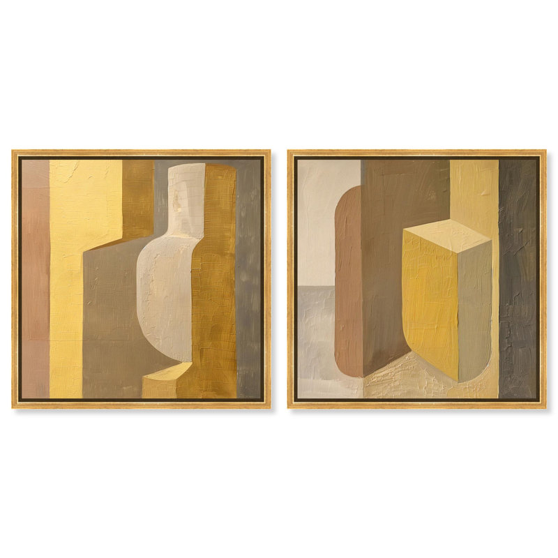 Columnar Forms Diptych Canvas Print Beige Wall Decor Set by Art Remedy, Black Frame, 12 x 12, 13" H x 13" W, Gold Frame