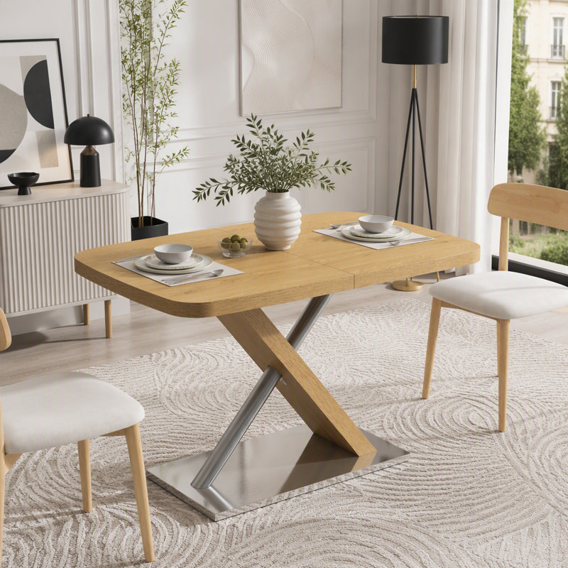 Table de salle à manger extensible avec base en métal, Naturel + argent