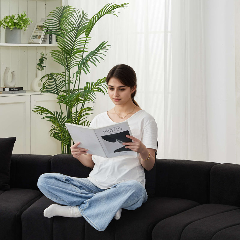 Canapé modulaire incurvé chenille avec 6 coussins Chenille, Gris, 29" H x 175" W x 33" D