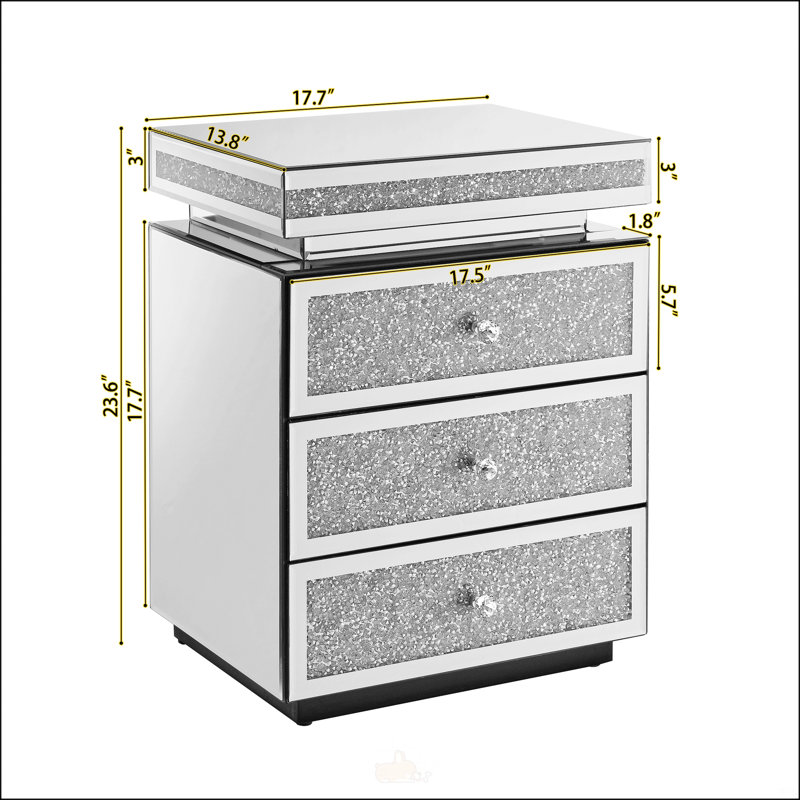 Élégante table de chevet à miroir avec 3 tiroirs, incrustation de cristal et motif géométrique moderne pour un décor de chambre luxueux