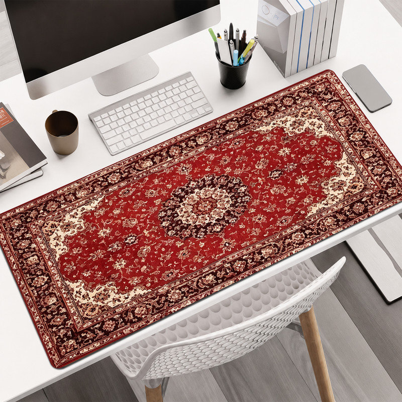 Tapis de souris en caoutchouc JYK, surface en microfibre lisse, base antidérapante, tapis de souris décoratif à bord arrondi pour le bureau et les jeux, motif de tapis oriental rouge 16 po x 36 po