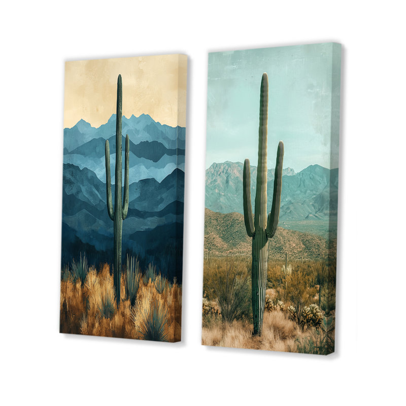 Cactus et montagnes I - Collection d'art floral sur toile 2 panneaux, H 28 po x l 25 po, Toile tendue