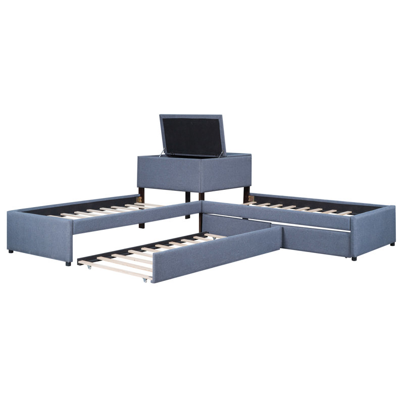 L-Shaped Upholstered Platform Bed With Trundle And Two Drawers Linked With Built-In Desk,Twin