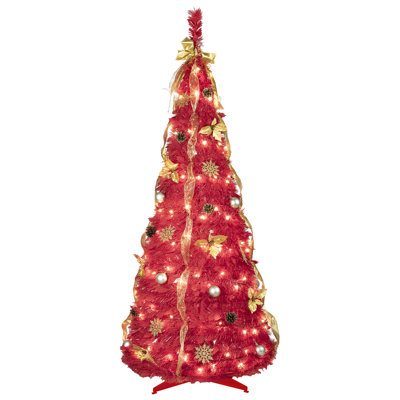 6FT Red Pop-Up Christmas Tree With 150 Warm White LED Lights, Ornaments Included – 4 Ribbons, Bow, Flowers, Snowflakes, Pine Cones & Balls – Easy Assembly & Space-Saving Holiday Décor
