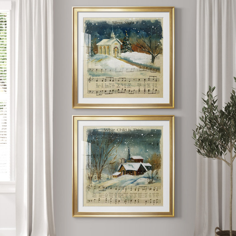 Silent Night - ensemble de 2 reproductions d'impressions, H 30,5 po x l 61 po x P 1,5 po, Papier encadré doré, Blanc