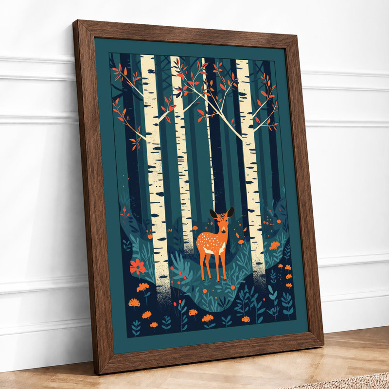 Deer in Birchwood Scandinavian - Framed Print, Walnut, A4 - 29.7 x 21.0 cm