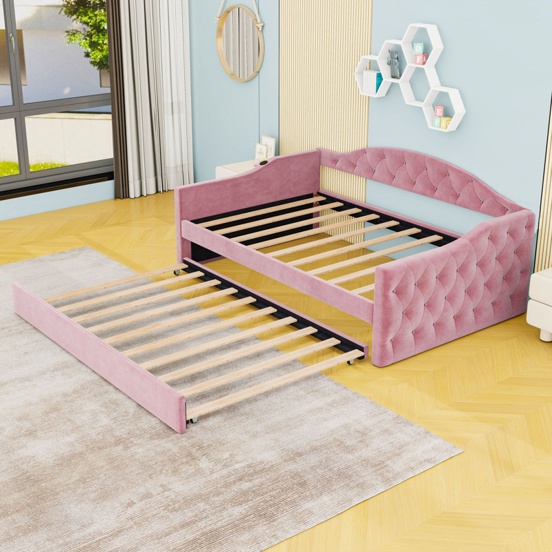 Twin Velvet Upholstered Daybed with Trundle and Tufted, Pink