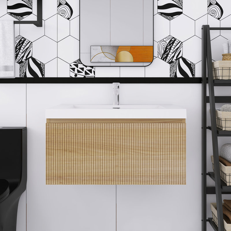 Meuble-lavabo mural en chêne naturel avec comptoir en résine de pierre et tiroirs à fermeture en douceur, Naturel, 30", Blanc