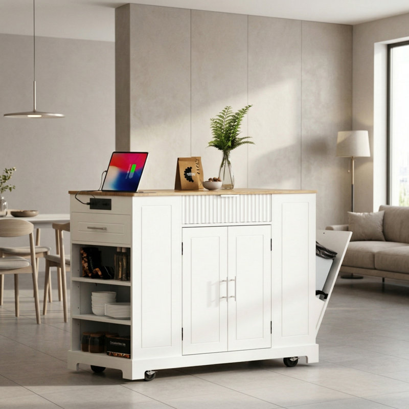 White Recessed Kitchen Island, Five-Wheeled For Easy Movement, Includes A Trash Can Cabinet And Electrical Outlet, With Multiple Drawers And Shelves For Maximum Storage.