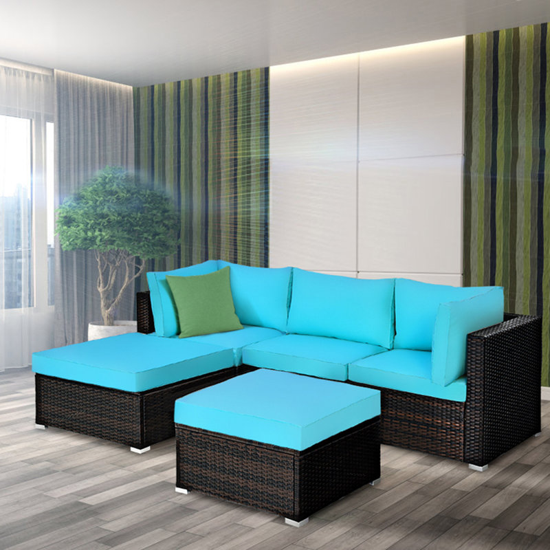 Ensemble de conversation modulaire en rotin 3 pièces avec coussins Awar, Turquoise