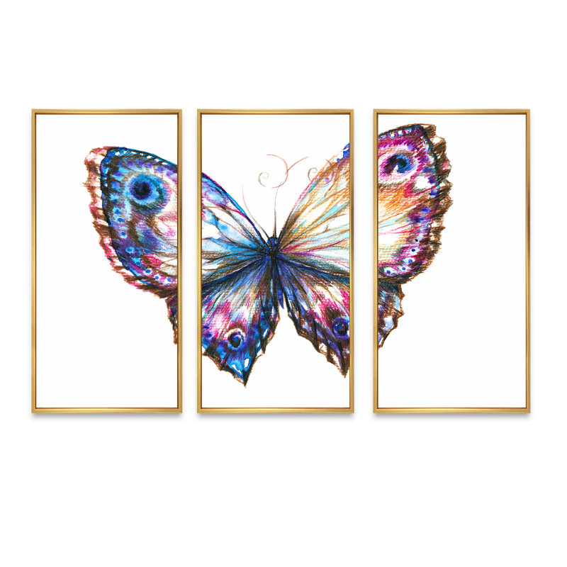 Papillon isolé - 3 pièces, cadre flottant, impression sur toile, L 36 po x H 20 po, Encadrement doré