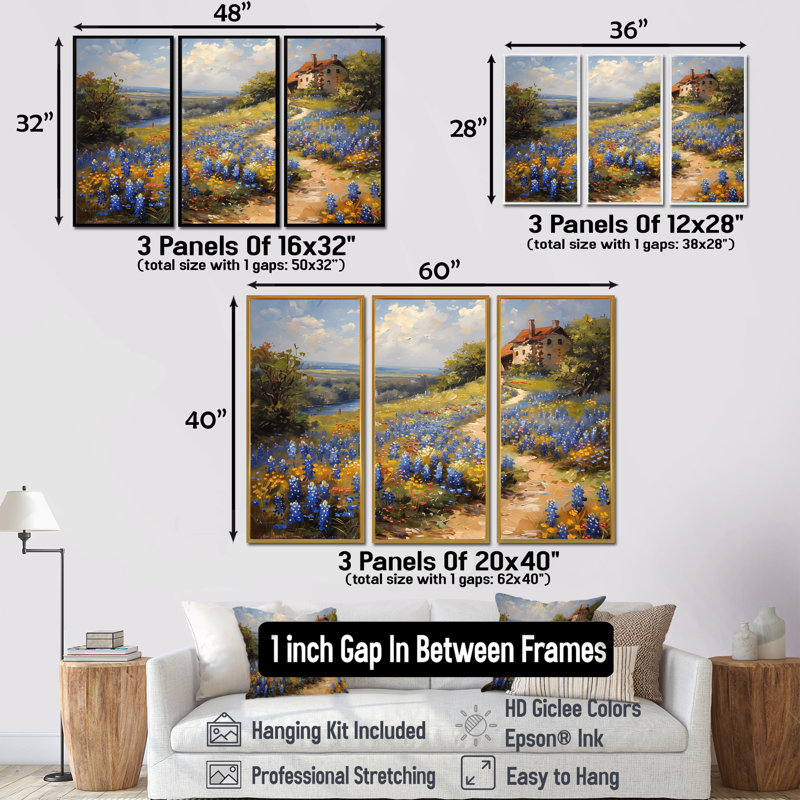 Ensemble de salon art mural bleu et vert Meadow Charm Blue Bonnets VII, Cadre flottant doré, H 28 po x l 36 po