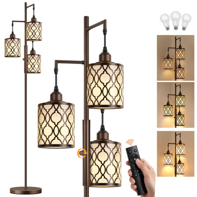 3-Light Tree Floor Lamp with Remote, 73" Dimmable Industrial Standing Tall Lamp for Living Room Bedroom Office, LED Bulbs Included, Brown