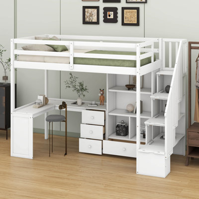 Lit mezzanine simple avec armoire et escalier de rangement, structure de lit mezzanine en bois avec bureau en L et tiroirs
