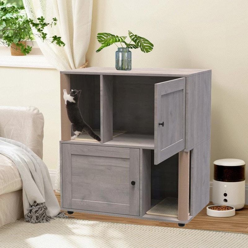 2 Tier Enclosed Litter Box Enclosure with Scratching Post and Dual Mats, Double Litter Box Enclosure Furniture for 2 Cats, Wood Cat Kitty House Cabinet