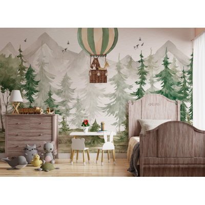 Kids Forest Wallpaper Mural With Hot Air Balloon Animals And Watercolor Mountain Scene