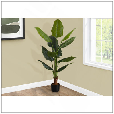 Plante artificielle, arbre de Strelitzia de 59 po de hauteur, intérieur, faux, faux, plancher, verdure, pot, touche réelle, décoratif, feuilles vertes, pot noir