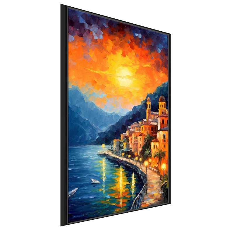 Amalfi Coast, Italy at Twilight V4 - Peinture sur toile à cadre flottant, H 33,5 po x l 21,5 po x P 2 po