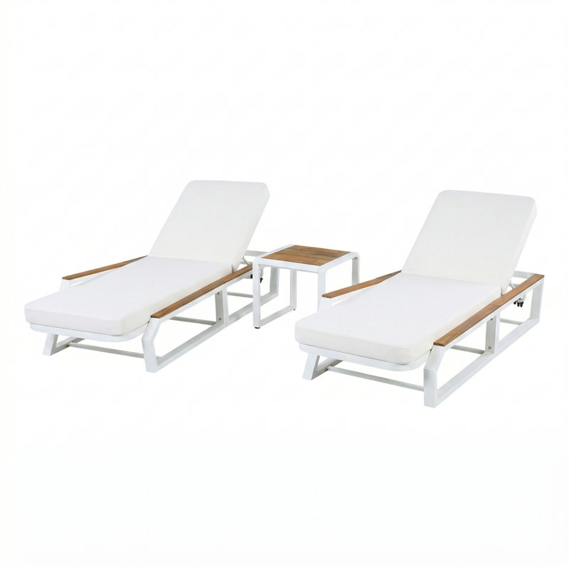 Ensemble de chaises longues d'extérieur 5 pièces, 2 fauteuils inclinables réglables avec 2 coussins crème + 1 table d'appoint, décorations en bois de teck, structure en fer blanc pour la piscine