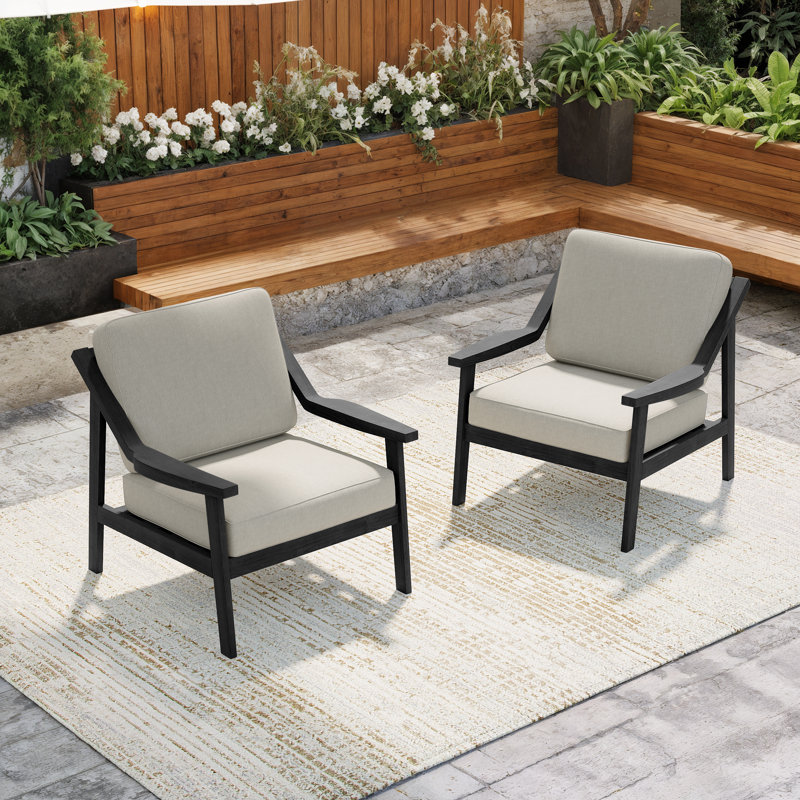 Marlo Solid Wood Teak Outdoor Lounge Chairs With Cushion And Arms, Light Camel, Black
