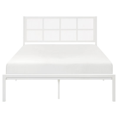Eastern King Metal Frame Bed, White Finish, Faux Cane Headboard For An Elegant Bedroom Appearance And A Cozy Atmosphere