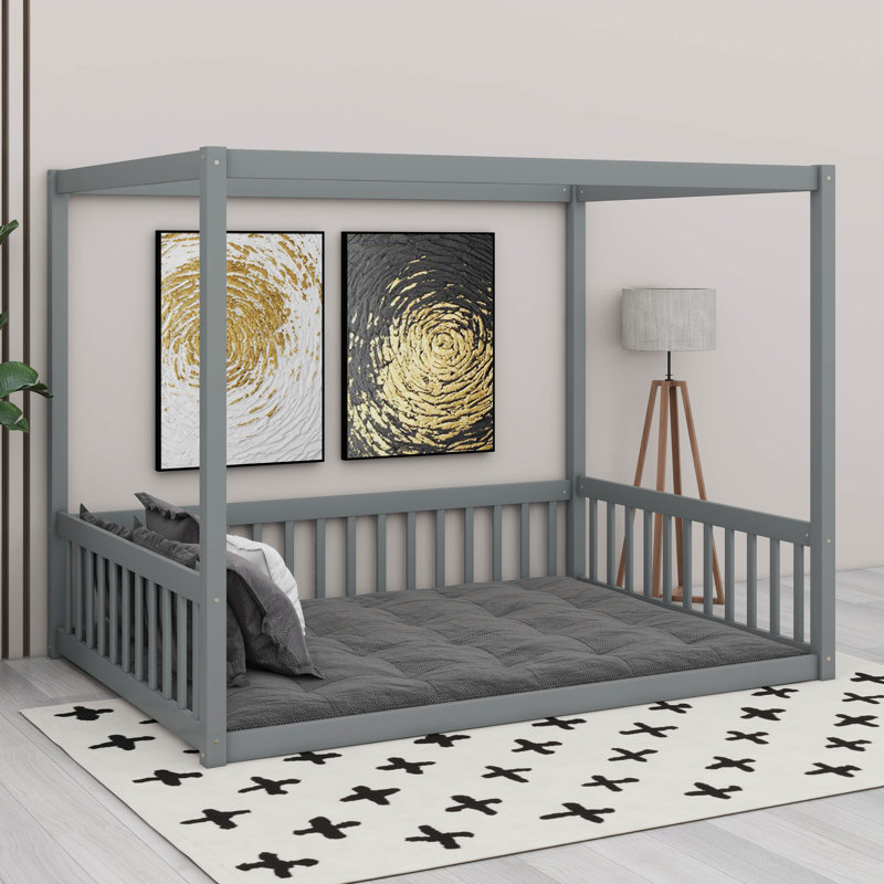 Lit double en bois d'hévéa avec clôture, gris