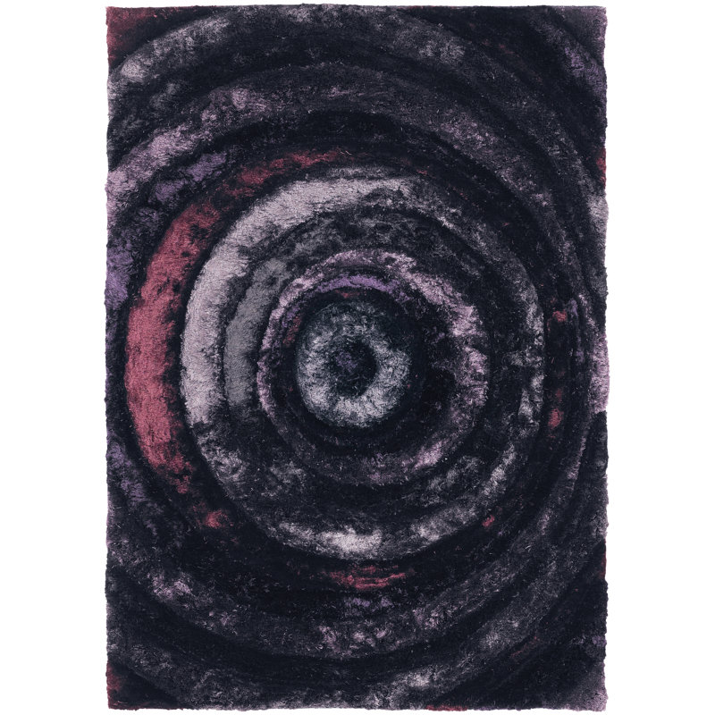 Tapis flamand en polyester tissé à la main à motif éclectique à motif abstrait noir, mauve et rose, 7 pi 9 po X 10 pi 6 po
