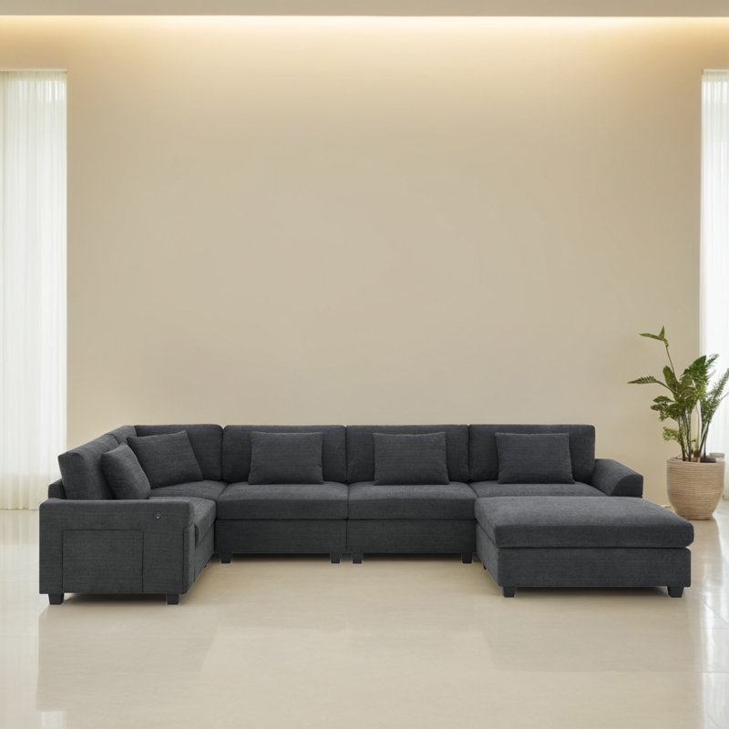 Canapé modulaire rembourré en U de 128 po pour le salon, Chenille noir