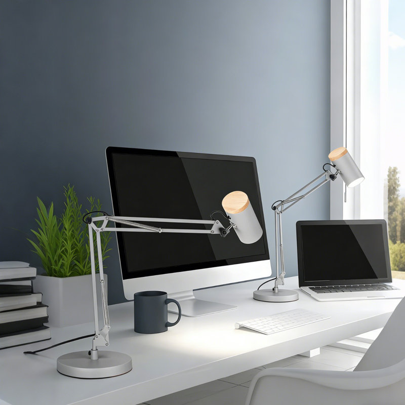 Lampe de table réglable en métal, grande taille, hauteur maximale 29,7 po, base E26, lampe de bureau à bras pivotant avec accents en bois, gris