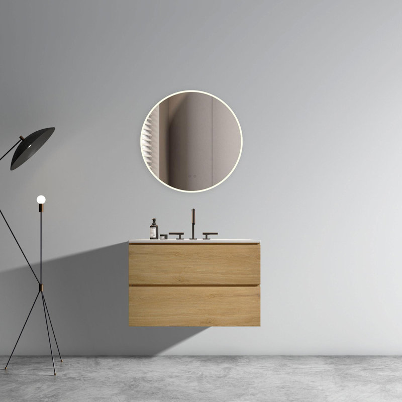 Meuble-lavabo mural avec lavabo en céramique avec trois trous de robinet, grand meuble-lavabo flottant de rangement pour salle de bain moderne, pré-assemblé