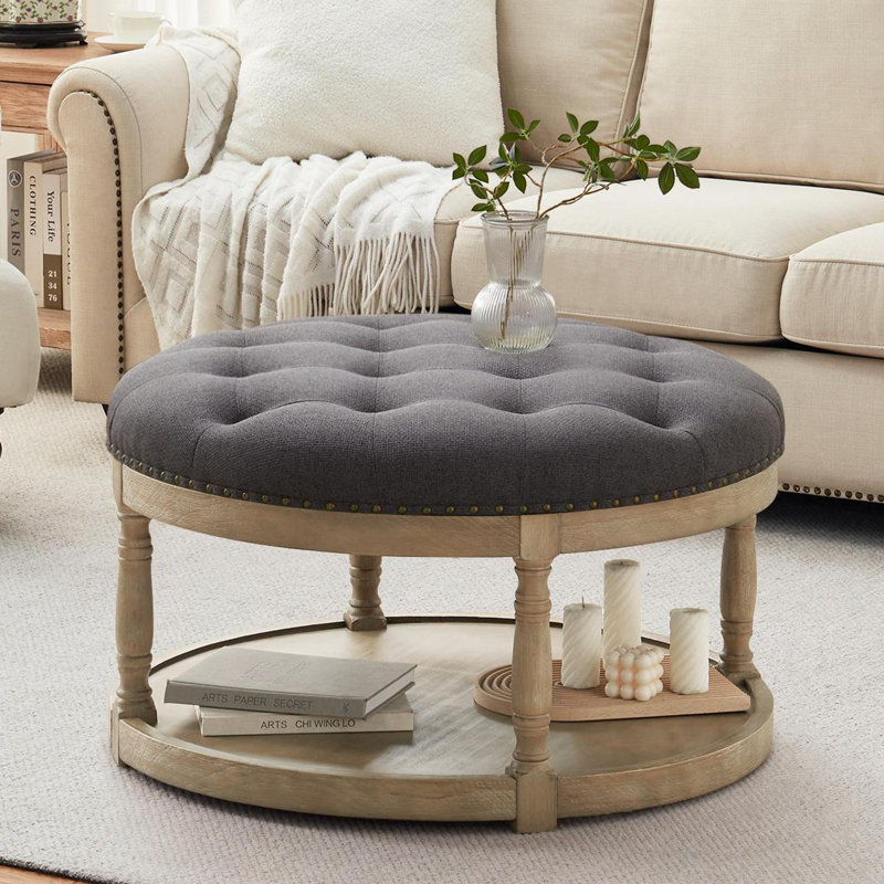 Cristan 33" W Upholstered Round Storage Ottoman, Dark Gray 