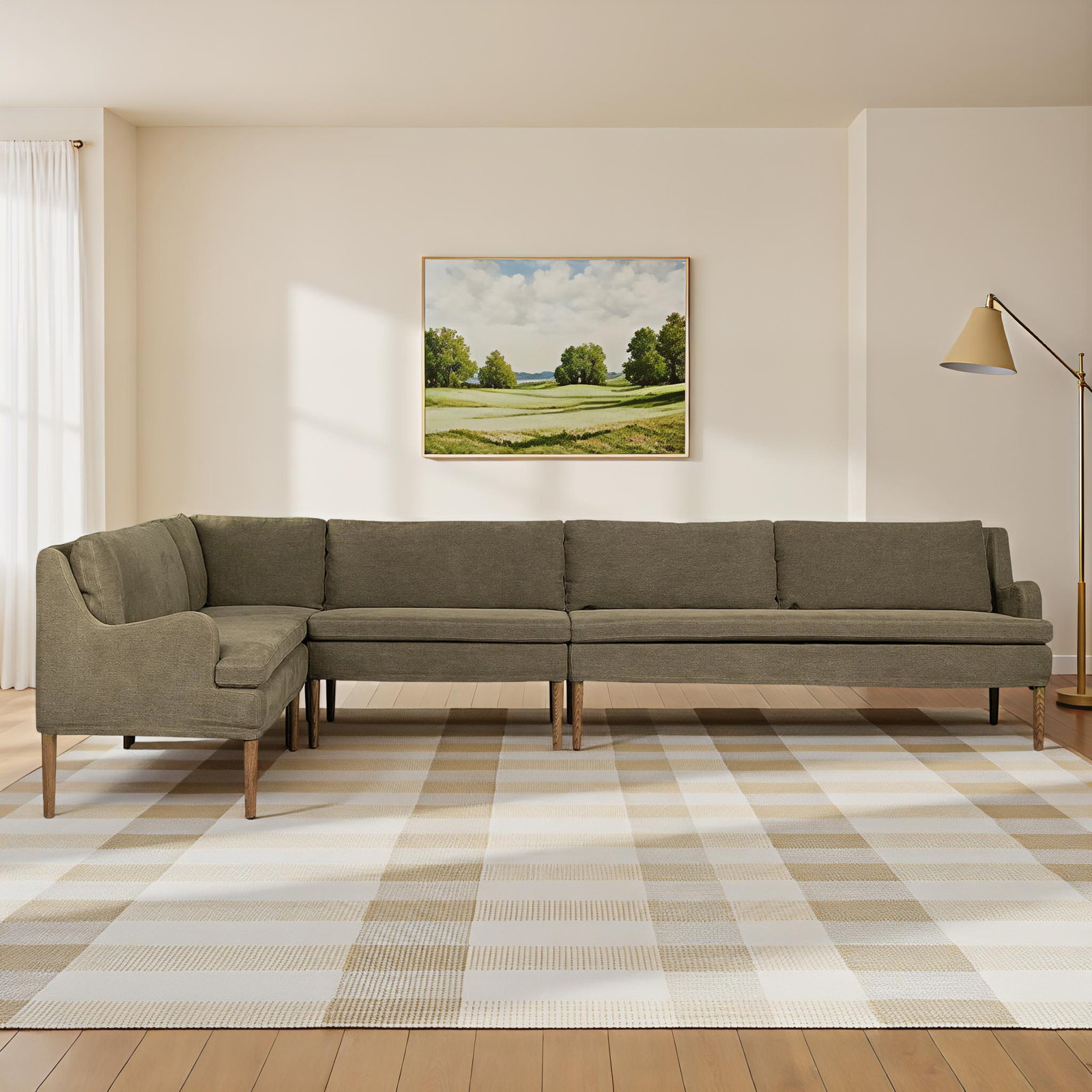Aurelia Dining Banquette, Right Hand Facing, Broadway Olive Linen, 34.5" H x 125" W x 76" D