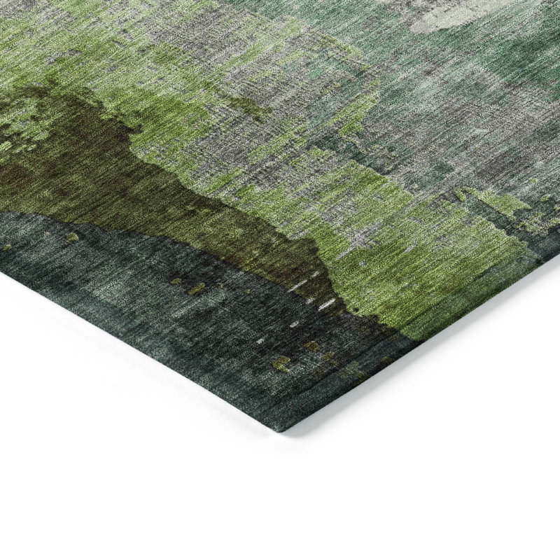 Machine Washable Indoor/Outdoor Xhevrie Green Rug, Rectangle 9' x 12'