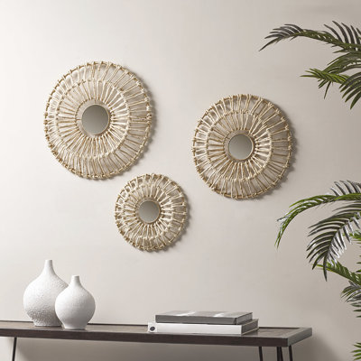 Ornement mural en fibre naturelle et miroir 3 - Essentials de décoration pour la maison 20,5 po, 17,25 po, 13,25 po de diamètre enveloppé de bourre de maïs, décoration intérieure recouverte, centrée et suspendue