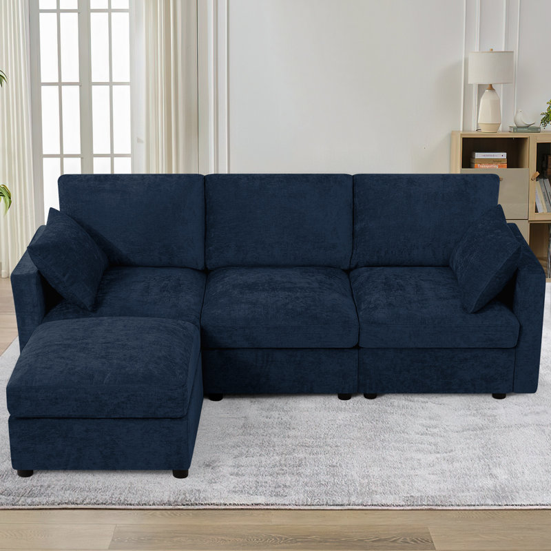 Canapé modulaire en chenille de 84 po avec repose-pieds réversible, canapé moderne avec coussin rembourré, canapé 3 places confortable pour le salon et le bureau