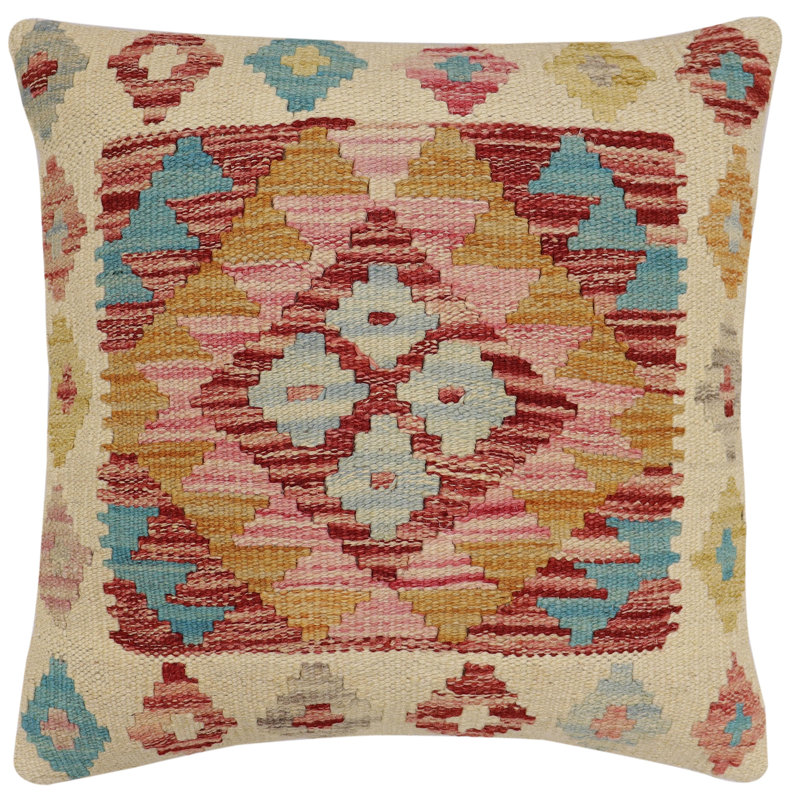 Oreiller rustique en kilim tissé à la main Caballer - 17 po x 18 po Rustic, H 17 po x l 18 po, Beige / rouge / bleu / beige