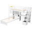 Lit simple au-dessus d'un lit mezzanine blanc avec bureau intégré, tablettes de rangement et escalier-1761443311
