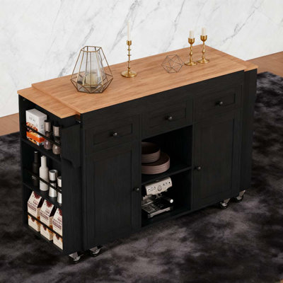 85.5" Kitchen Island with Extendable Dining Table, Kitchen Storage Table with 3 Side Open Shelves, Rolling Kitchen Island with Power Outlet, 3 Drawers by Red Barrel Studio