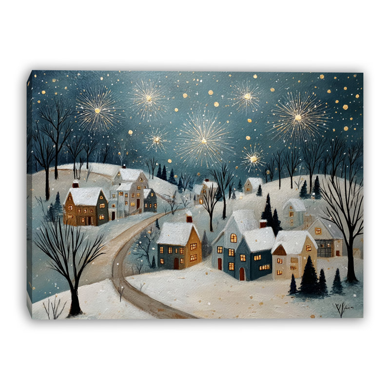 «Winter Fireworks Village», art mural sur toile tendue, 36 po x 48 po
