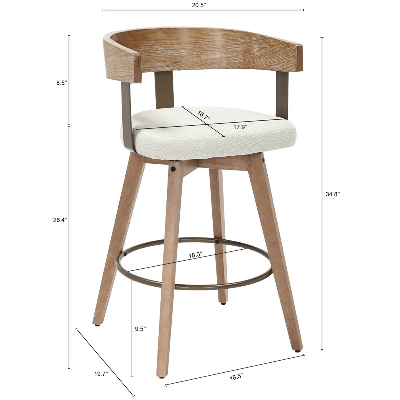 26" Modern Swivel Counter Height Bar Stool with Performance Fabric Upholstery, Curved Wood Back & White-Washed Oak Legs, Ivory – Janice by Pipp & Liv (Single)