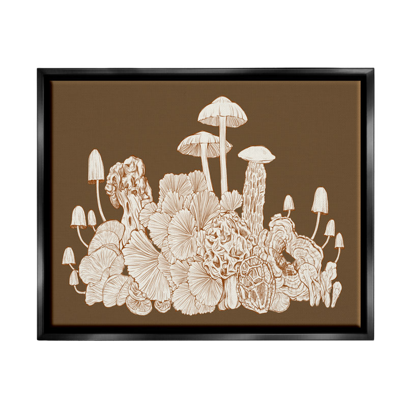 Croquis de champignon brun sur fond de forêt boho par Ziwei Li, H 11 po x l 14 po, Giclée encadrée noir minuit